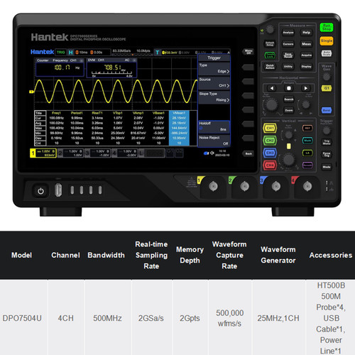 New Hantek DPO7504U Oscilloscope 500MHz 4CH1CH Waveform Generator 2GSas 2G Memory  - Product Image