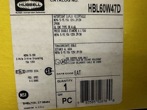 New HUBBELL HBL60W47D Brand New In Box Straight Blade Receptacle Watertight NIB - Product Image