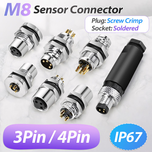 Pg7 M8 Sensor Connector 3 Pin / 4 Pin Male / Female Straight / Elbow Plug Ip67