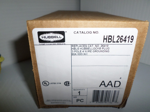 Hubbell Hbl26419 "hubbellock" Plug 60-amp 60a 600v 3p4w 26419 New in Box