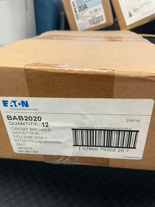 Bulk (box of 12) Eaton Bab2020 Cutler Hammer 2-pole Circuit Breaker - Black