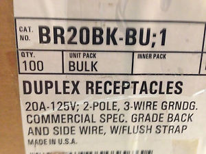 Cooper Wiring Devices Br20Bk-Bu, Duplex Receptacle, 100 Per Box,20A, 125V 2 Pol