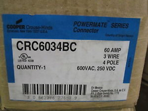 Crouse Hinds  Crc6034Bc  Replaces Apr6465, Arc6034Bc  60 Amp  Connector  3W 4P