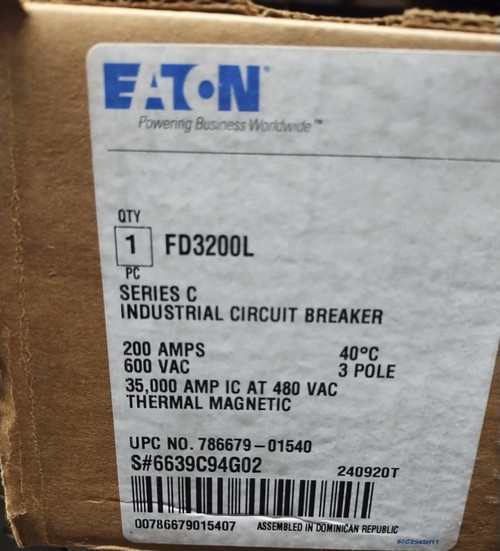 Eaton Fd3200l / Fd3200 Breaker 3pole 200a 600v 35kaic 480v New