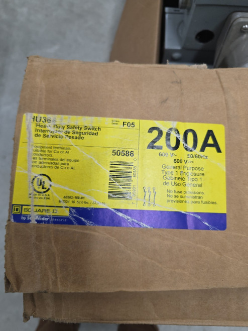 Square D Hu364 Heavy Duty Non-fusible Safery Switch, 200 A, 600v, 3 Pole, Nema 1