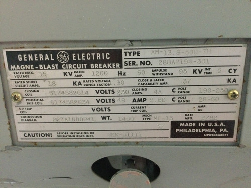 Ge General Electric Gek-31111 Type Am-13. 8-500-7h Magne-blast Circuit Breaker