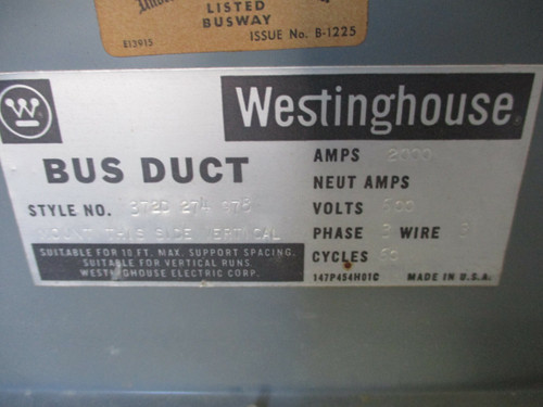 Westinghouse 372d274g78, 2000a, 600v, 3ph3w, Aluminum, Plug In, Busway -warranty