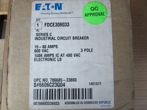 Eaton Fdce308033 Circuit Breaker 3p 80a 600v, Adjust From 15-80a New in Box