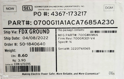 Sel Schweitzer 0700g11a1aca7685a230 Model 700gr301 V4 Generator Protection Relay