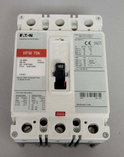Eaton Hfw3160v Circuit Breaker 3 Pole 160 Amp 690 Vac Hfw 70k (r12)