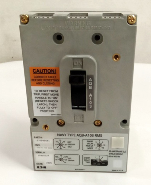 Eaton 1376d96g01 Naval Circuit Breaker Aqb-a103 500vac 60-400hz 3-pole 10-25 Amp
