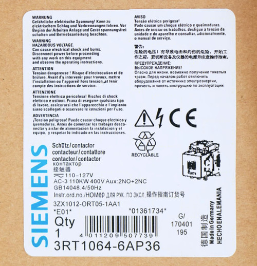 New Siemens 3rt1064-6ap36 Contactor