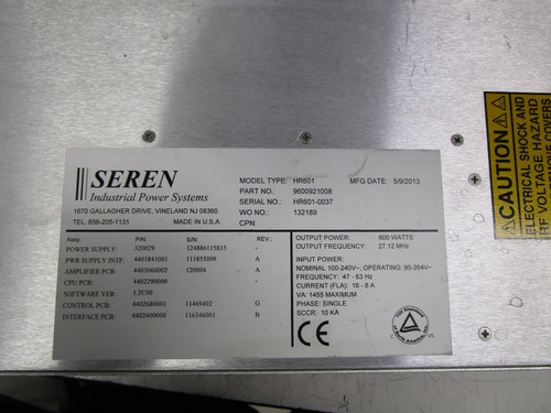 Seren Hr601 Rf Generator Power Supply 600w 27.12mhz