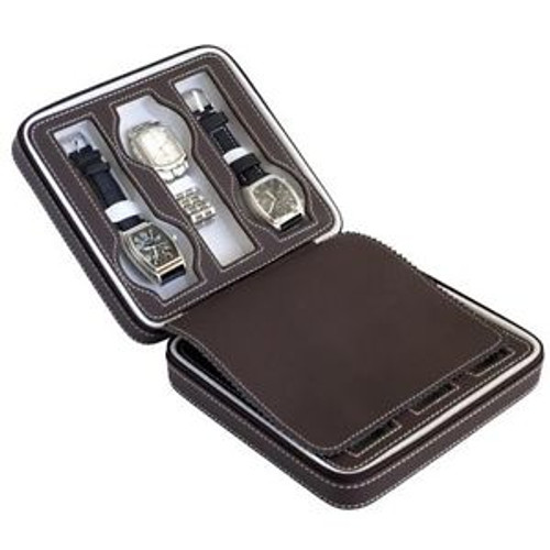 Brown Soft Touch High Quality Leatherette Compact Travel Watch Case With Suede I