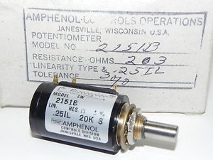 New AMPHENOL 2151B PRECISION POTENTIOMETER .25IL 20K 3