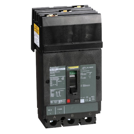 SQUARE D Molded Case Circuit Breaker, Powerpact H Series, 80a, 3 Pole, 600v Ac, 25ka at 240v Ac - HDA36080