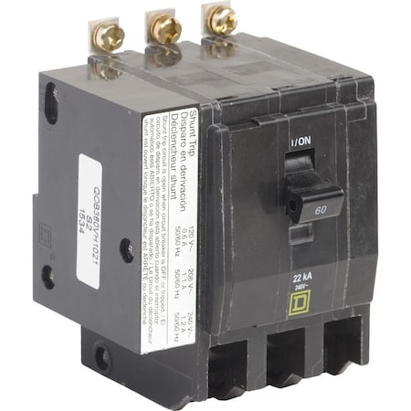SQUARE D Miniature Circuit Breaker, Qo Series, 60a, 3 Pole, 120/240v Ac, 22ka at 120/240v Ac - QOB360VH1021