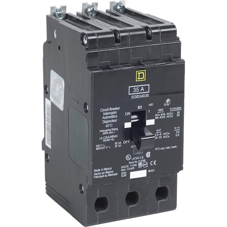 SQUARE D Miniature Circuit Breaker, E Frame Series, 35a, 3 Pole, 277/480v Ac, 65ka at 120v Ac - EGB34035