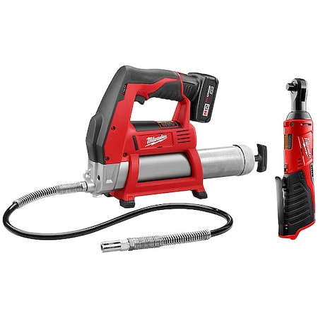 MILWAUKEE TOOL M12 Cordless 3/8" Ratchet + M12 Grease Gun Kit - 2446-21XC, 2457-20