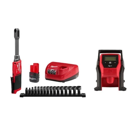 MILWAUKEE TOOL M12 Fuel Box Ratchet Kit + M12 Inflator - 3050-21, 2475-20