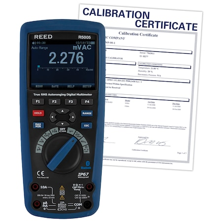 REED INSTRUMENTS True Rms Bluetooth/waterproof Industrial Multimeter and Nist Calibration Certificate - R5005-NIST