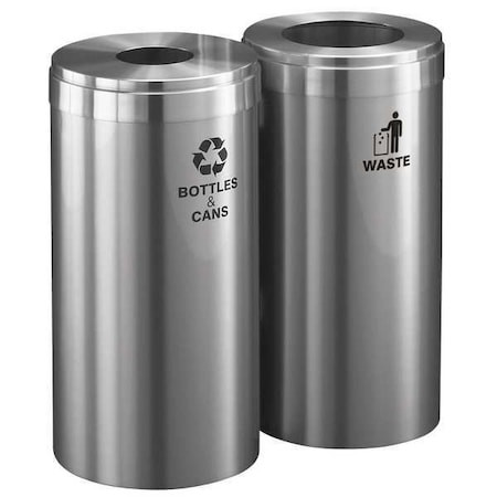 GLARO 23 Gal Round Recycling Bin, Open Top, Satin Aluminum, Aluminum, 2 Openings - 1542-2SA-SA-B&C/W