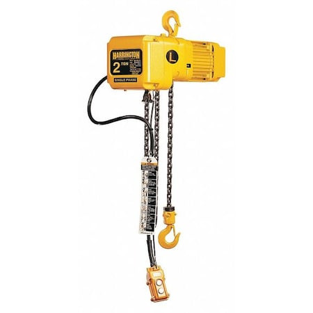 HARRINGTON Electric Chain Hoist, 4,000 Lb, 15 Ft, Hook Mounted - No Trolley, 115/230v Ac, Yellow - SNER020L-15