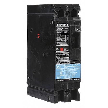 SIEMENS Molded Case Circuit Breaker, Ed4 Series, 60a, 2 Pole, 480v Ac, 18ka at 480v Ac - ED42B060