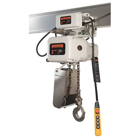 HARRINGTON Electric Chain Hoist, 4,000 Lb, 15 Ft, Motorized Trolley, 208-230/460v Ac, White - NERM020LD-L-FG-15
