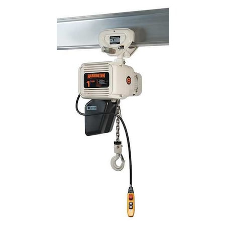 HARRINGTON Electric Chain Hoist, 1,000 Lb, 15 Ft, Push Trolley, 208-230/460v Ac, White - NERP005LD-FG-15