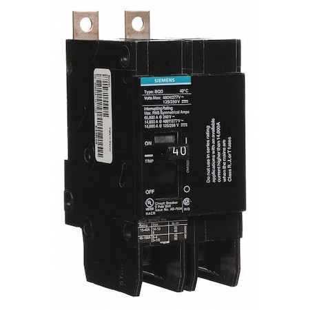 SIEMENS Miniature Circuit Breaker, Bqd Series, 40a, 2 Pole, 480v Ac, 14ka at 480v Ac - BQD240