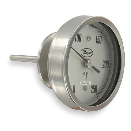 DWYER INSTRUMENTS Sanitary Bimetal Thermometer, 2" Clamp Size, 4.5" Stem, Range -40 to 160 Degrees F. - BT20S54541