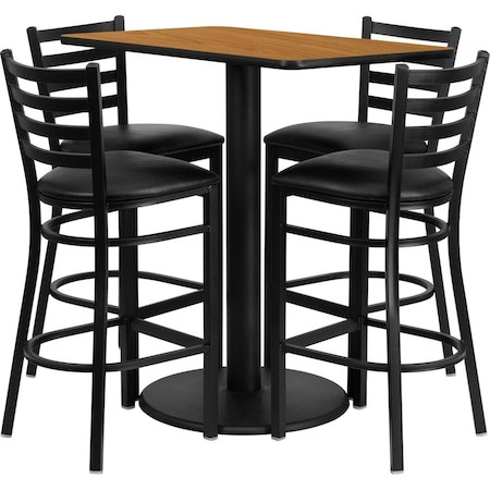 FLASH FURNITURE Rectangle Ntrl Bar Tble,rctngl W/rnd Base,blk Seat, Laminate Top, Wood Grain - RSRB1019-GG