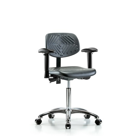 BLUE RIDGE ERGONOMICS Chair,poly,med Bench,chrome Aa Casters, 6-way Adjustable, 19-1/2" to 27-1/2" Height, Black Blue - BR-PMBCH-CR-T0-A1-NF-CC