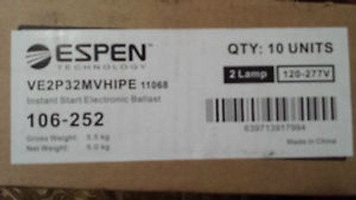 Case of 10 Espen VE2P32MVHIPE Electronic ballast for 2 F32T8 lamps 120-277V.