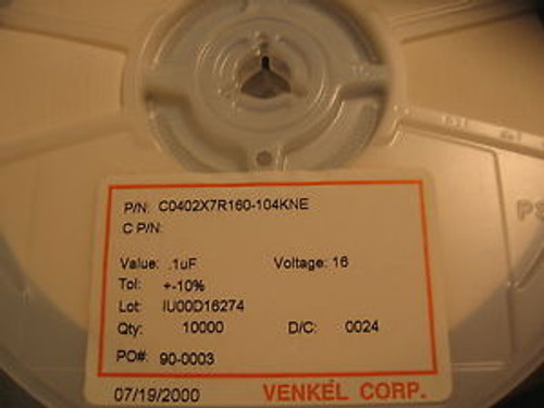 QTY: 10000 UNITS P/N C0402X7R160-104KNE CAPACITOR 0.1uF 16V 10% XR7 0402 SMT QTY: 10000 UNITS P/N C0402X7R160-104KNE CAPACITOR 0.1uF 16V 10% XR7 0402 SMT