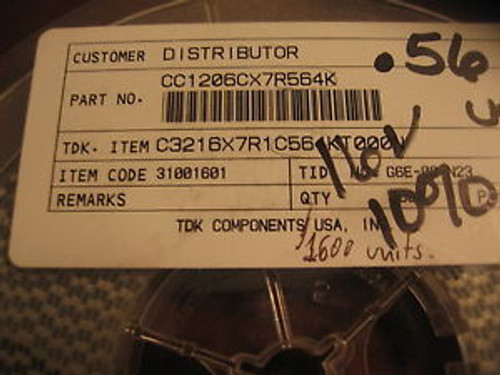 QTY: 1600 UNITS P/N CC1206CX7R564K CAPACITOR .56UF 16V 10% 1206 TDK