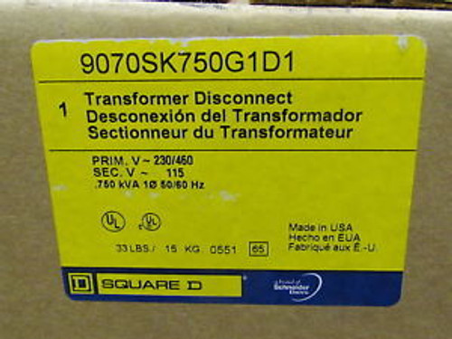 Square D 9070SK750G1D1 Transformer Disconnect .750 kva