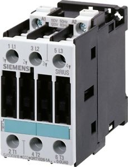 Siemens 3RT1023-1AK60 9 AMP 3 pole contactor with a 120 volt AC coil.