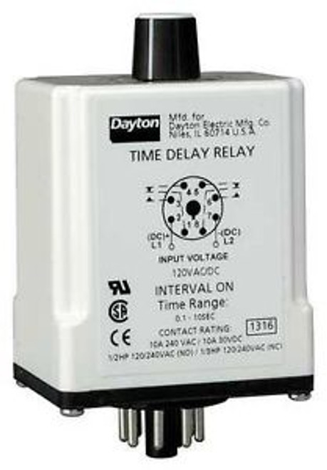 DAYTON 24EN73 Timer Relay, 60 sec., 8 Pin, 10A, DPDT, 120V