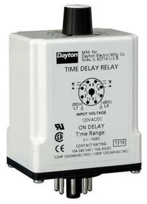 DAYTON 24EP21 Timer Relay, 10 sec., 8 Pin, 10A, DPDT, 240V