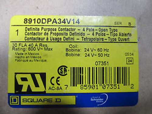 Square D 8910DPA34V14 Definite Purpose Contactor 4 Pole 40 Amps Coil 24V NEW
