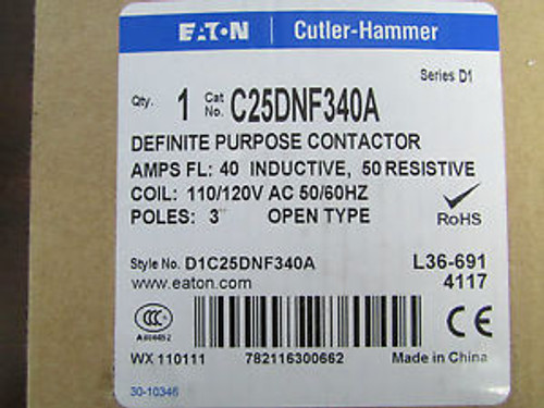 EATON CUTLER HAMMER Definite Purpose Contactor C25DNF340A 40 AMPS 110/120V Coil