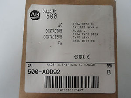 Allen Bradley 500-AOD92 Size 0 AC Contactor 2 Pole