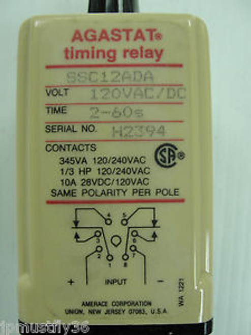New Agastat timing relay, SSC12ADA, 0-60sec, On-Delay, 8 Pin, 120vac