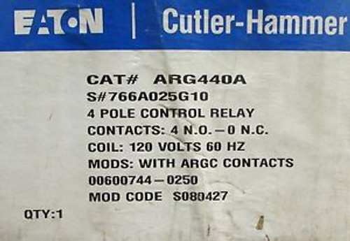 EATON CUTLER HAMMER Control Relay 4 Pole 120V ARG440A 766A025G10