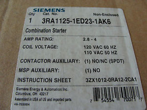 SIEMENS COMBINATION STARTER 3RA1125-1ED23-1AK6 NEW FLA 2.8 TO 4A 110V COIL