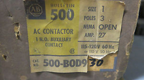 Allen Bradley 500-BOD930, Size 1 3 Pole Contactor 120 Volt Coil NEW