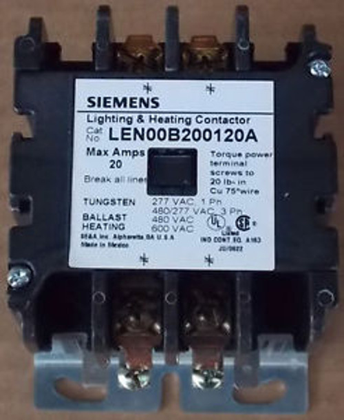 New Siemens LEN00B200120A 20A 2 Pole Lighting Contactor 120V Open