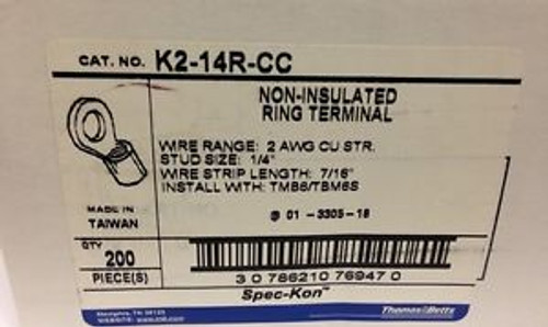 200 Thomas & Betts Non-Insulated Ring Terminal Terminals p/n K2-14R-CC T&B NOS